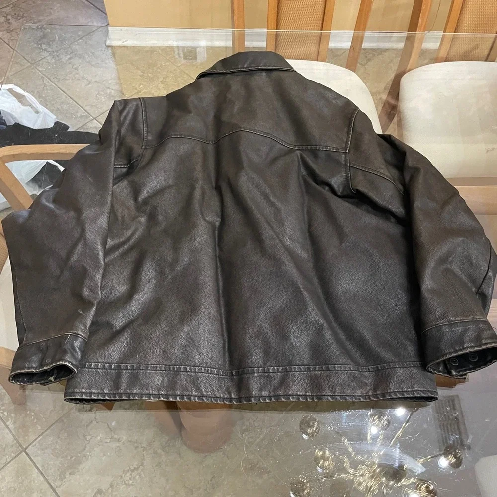 Arizona Jean Co Mens Faux Leather Distressed Moto Jacket Brown Large L/G Zip Up